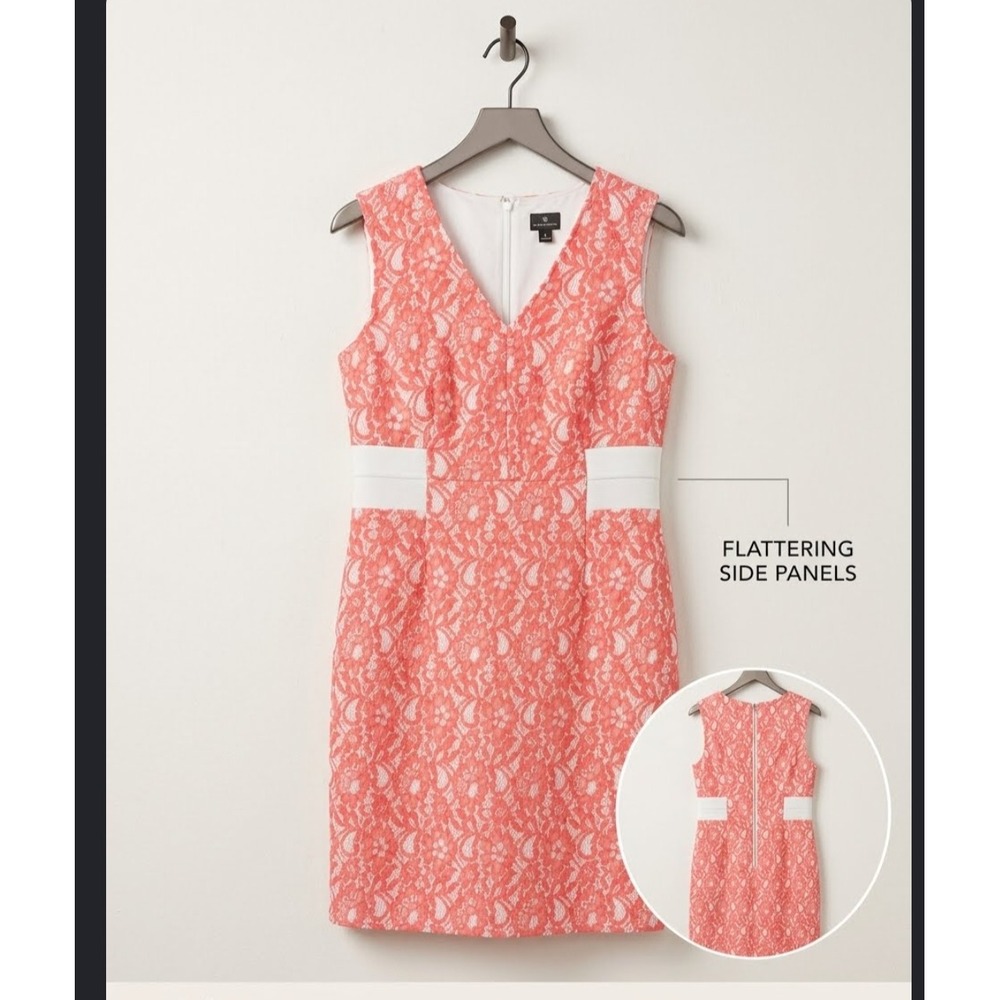Worthington Womens Coral Lace Sheath Dress V-Neck Side Panels Size 16